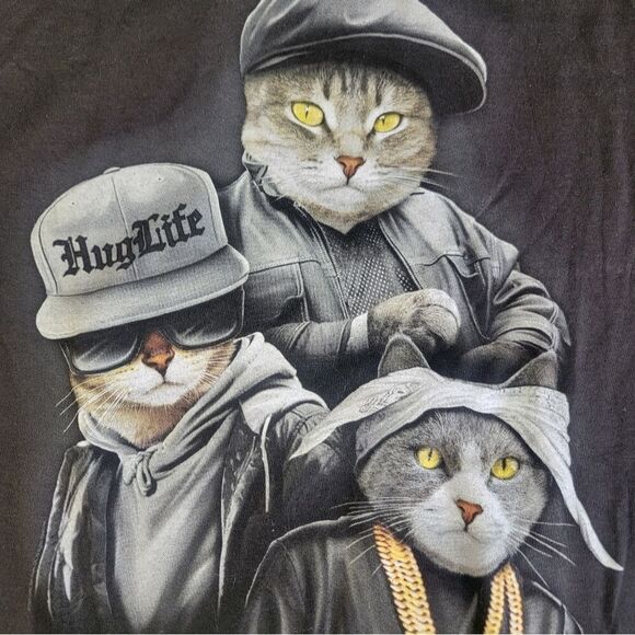 ODM Men T-Shirt Larg Black Cat Trio Hug Life Thug Gangster Graphic Crew Neck NWT - Picture 11 of 15
